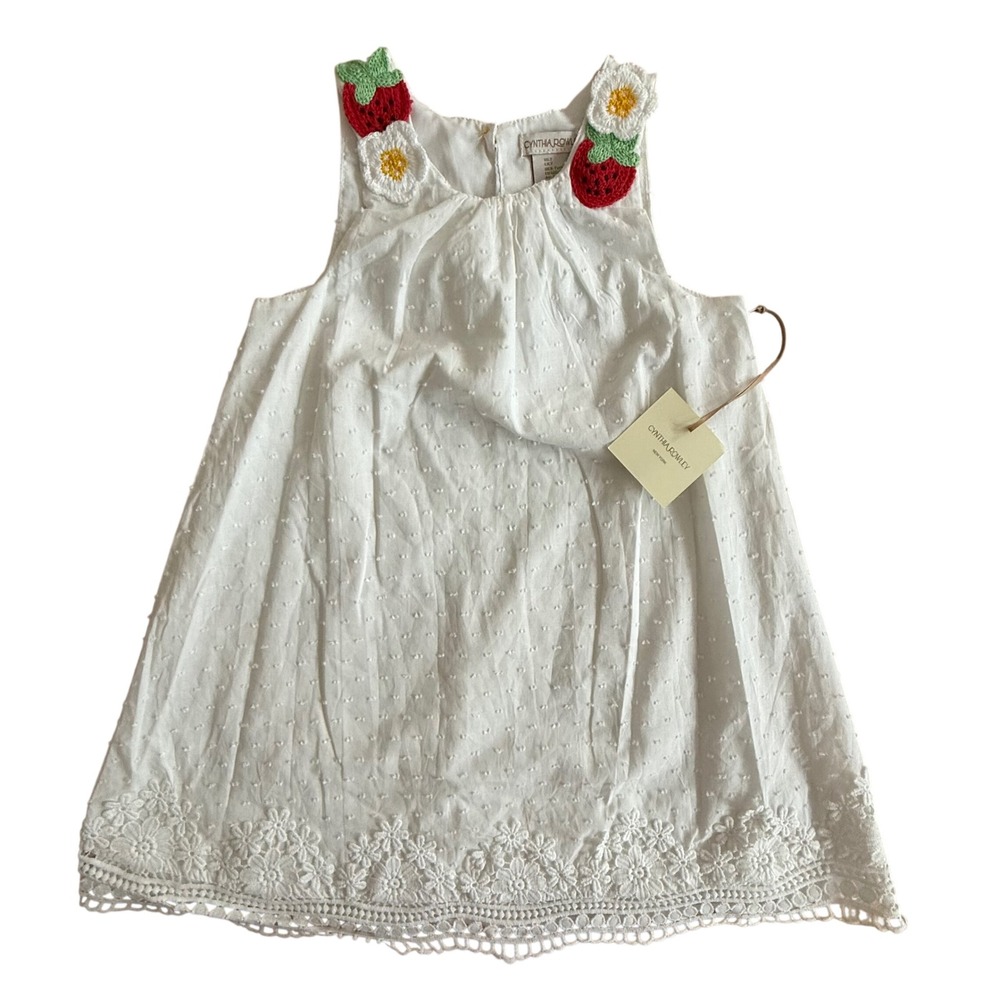Cynthia Rowley Girls White Swiss Dot Crochet Strawberry Daisy Lace Dress 7 NWT